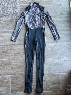 Cold-Shoulder Holographic Long-Sleeve Jumpsuit Dance Costume- Black & Multicolor